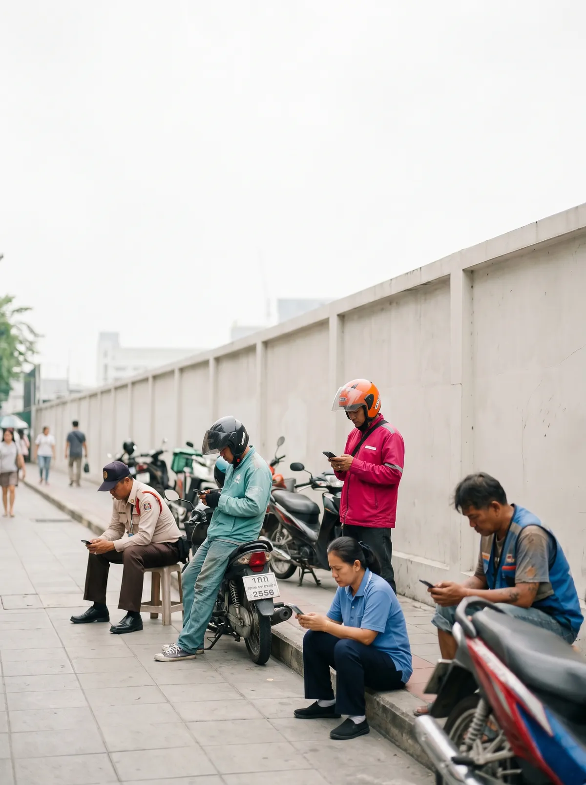 Informal-economy workers waiting separately on a Bangkok street